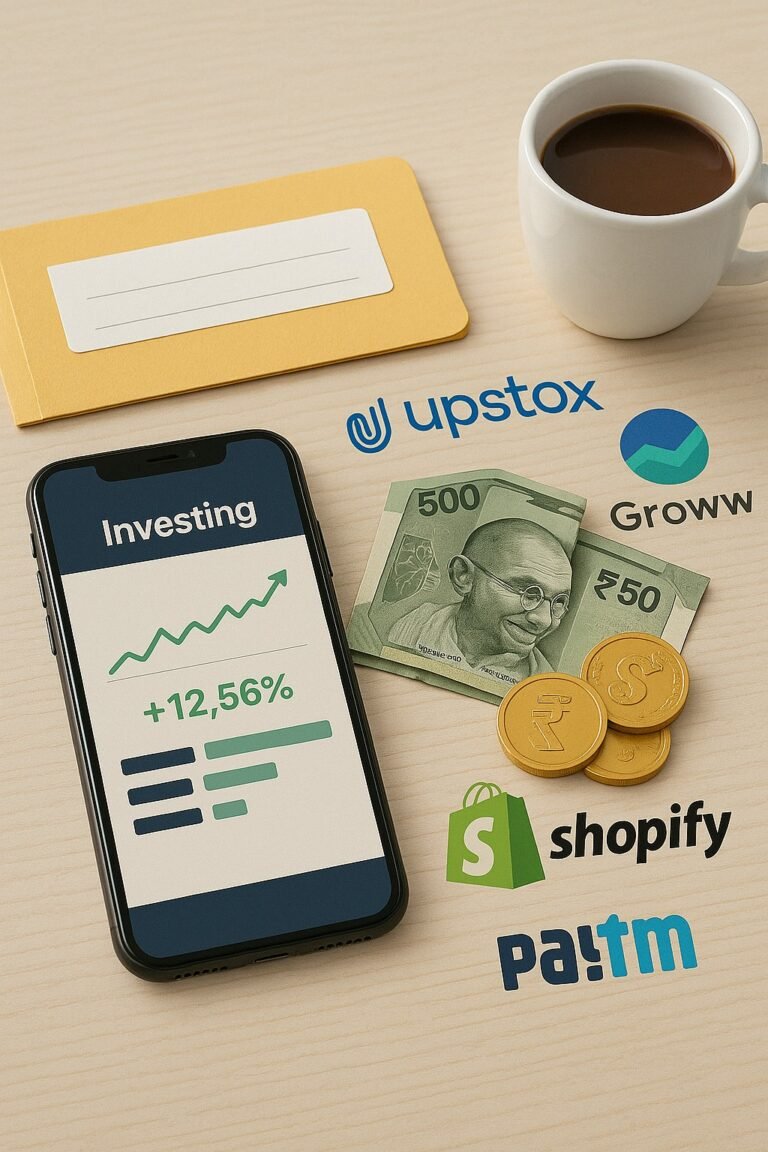 Laptop with stock trading dashboard, smartphone showing candlestick chart, Indian rupee notes on desk, and faint logos of Zerodha, Groww, Angel One, Upstox, Paytm Money, ICICI Direct, and HDFC Securities. Watermark eBharat.com.