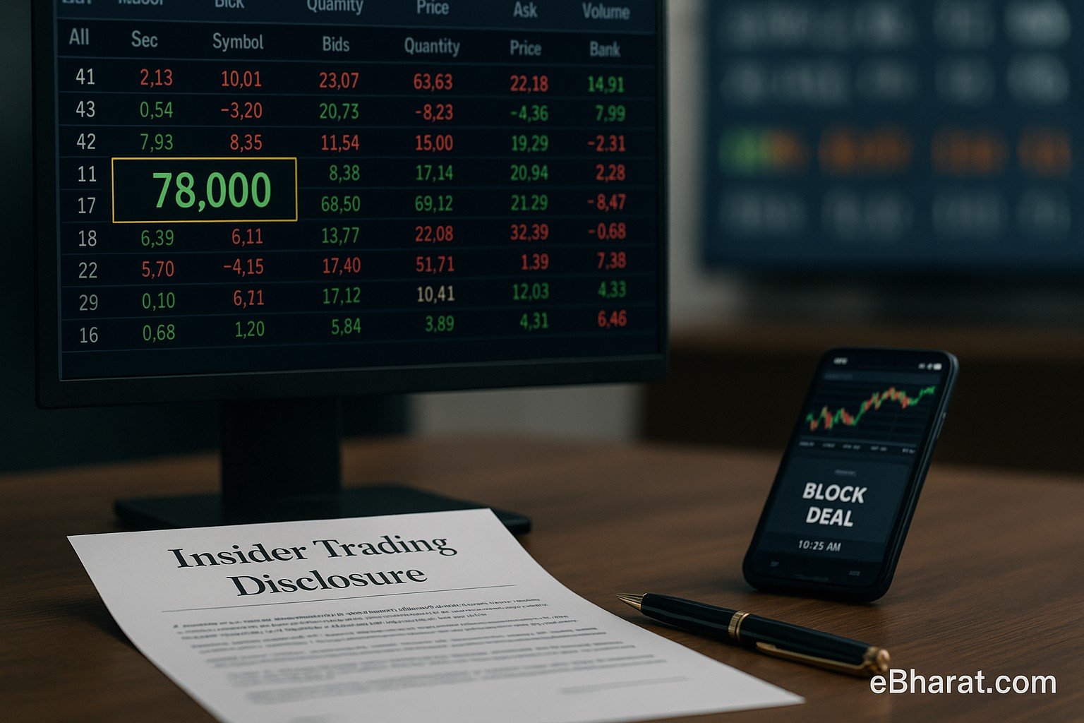 Trading desk with stock market screen highlighting a bulk deal of 78,000 shares, a printed insider trading disclosure document, and a smartphone showing a block deal notification.