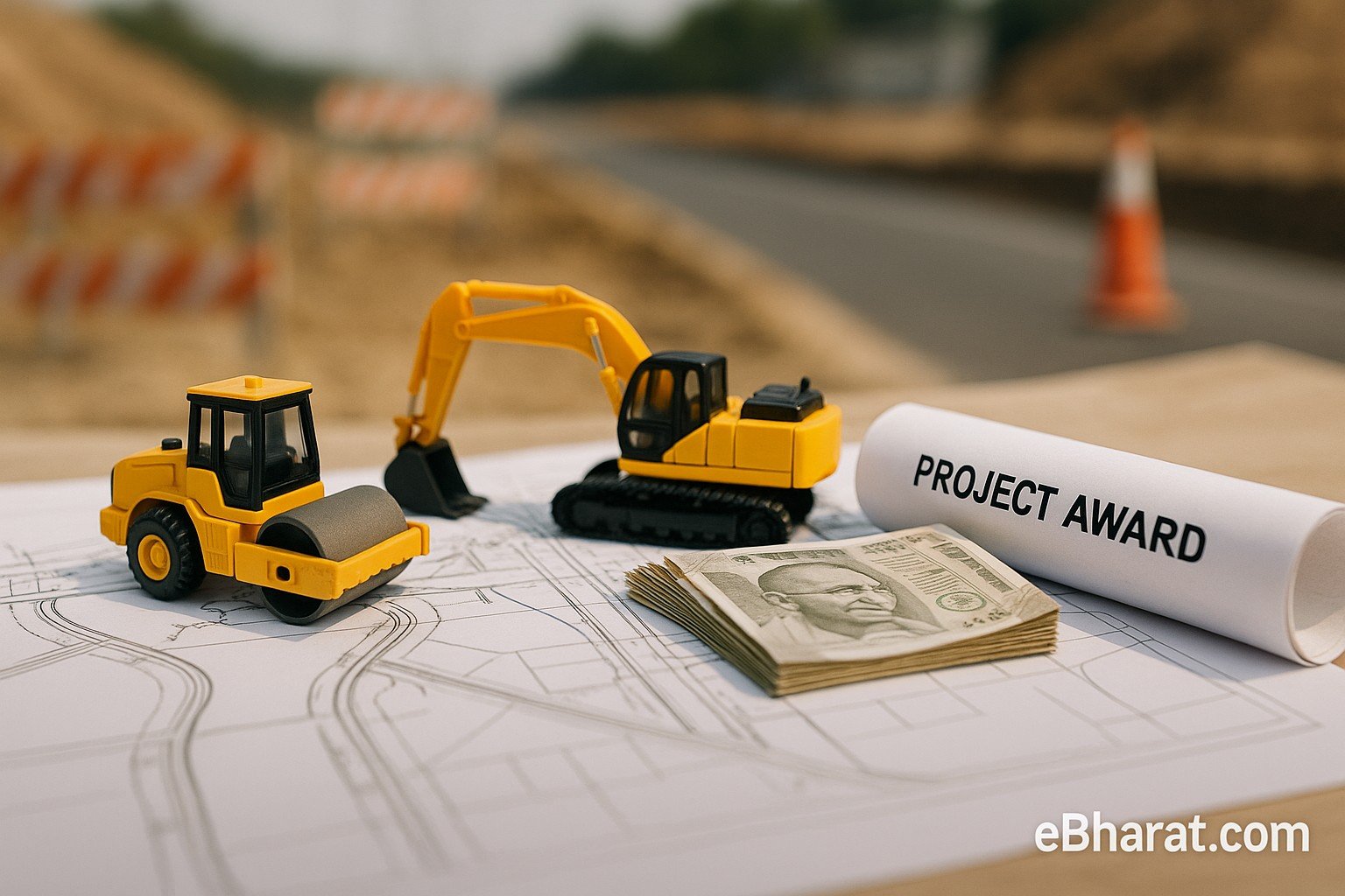 Miniature road roller and excavator on blueprint with rupee notes and project award document, symbolizing Ceigall India’s ₹509 crore GMADA road project.
