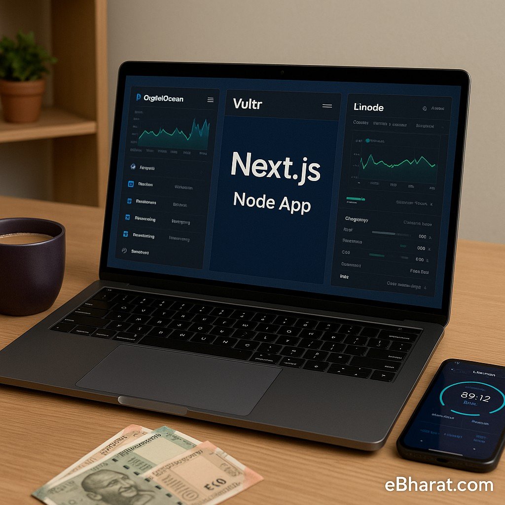 A realistic developer’s desk in India with a laptop showing a Next.js Node app and generic server dashboards. On the desk are Indian rupee notes, a coffee mug, and a smartphone running an internet speed test. eBharat.com watermark is visible at the bottom-right.