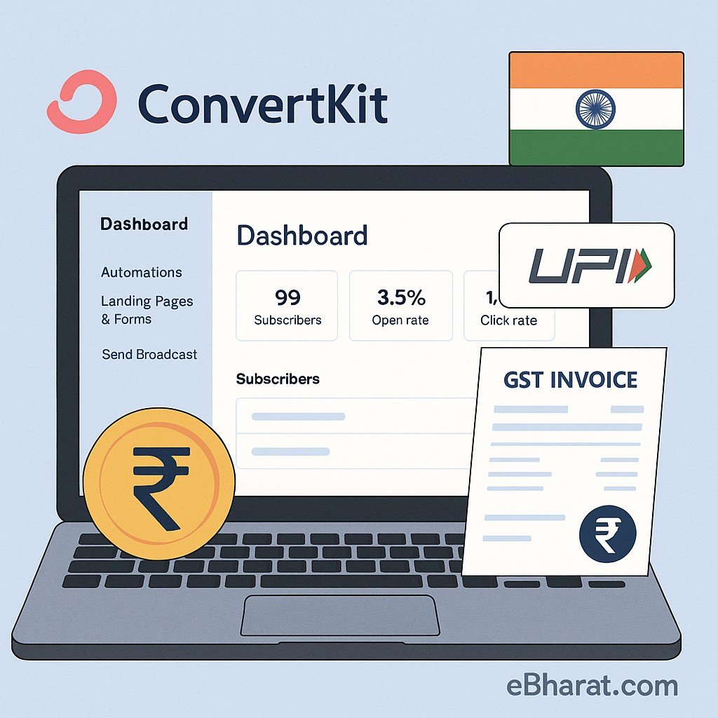 Illustration of ConvertKit dashboard on a laptop with Indian rupee symbol, UPI logo, GST invoice, and India flag, highlighting ConvertKit India 2025 pricing and billing.