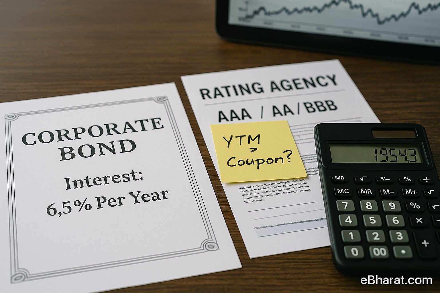 Corporate bond document with coupon details, calculator showing yield numbers, and rating sheet with AAA/AA/BBB highlights on a desk.