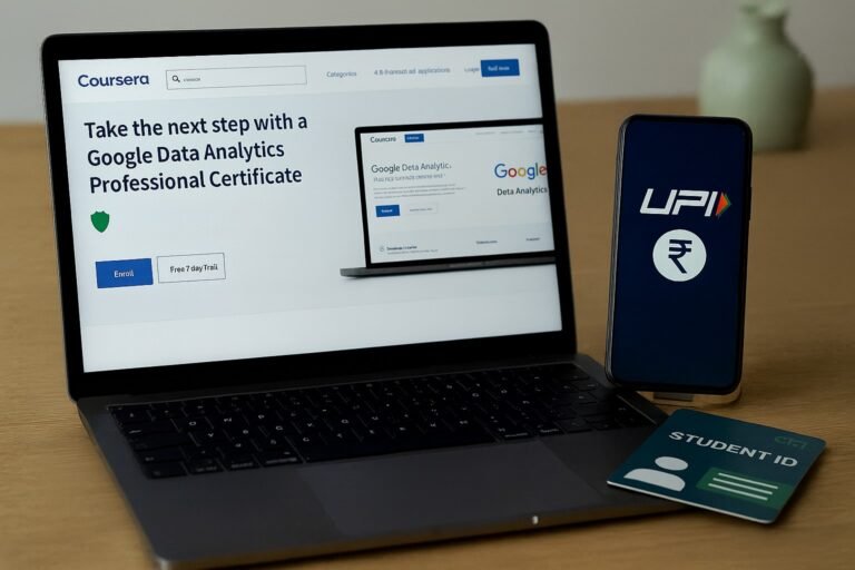 Editorial image of a laptop showing Coursera courses, with Indian student ID card, GST invoice papers, and UPI smartphone app, symbolizing ways to buy Coursera cheaper in India.