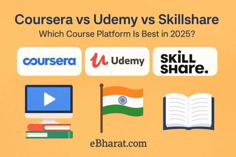 Comparison graphic of Coursera, Udemy, and Skillshare for Indian learners in 2025 with study icons, Indian flag, and eBharat.com watermark.