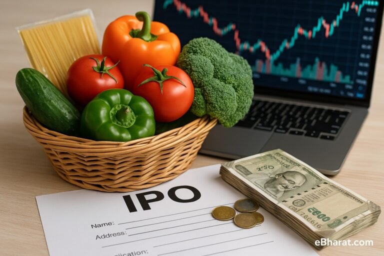 Editorial photo with basket of fresh vegetables and packaged food items on IPO application papers, rupee notes and coins beside, and blurred stock chart in background, symbolizing DSM Fresh Foods IPO launch.