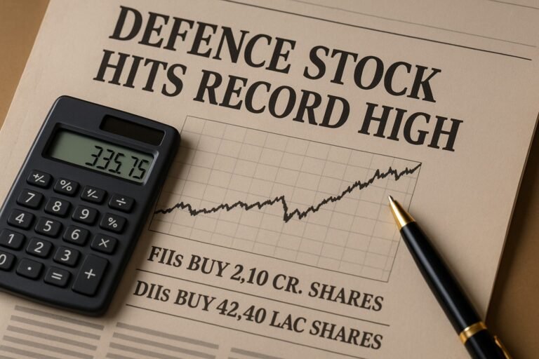 Financial newspaper showing headline Defence Stock Hits Record High with stock chart, calculator displaying ₹335.75 and a pen on the page.