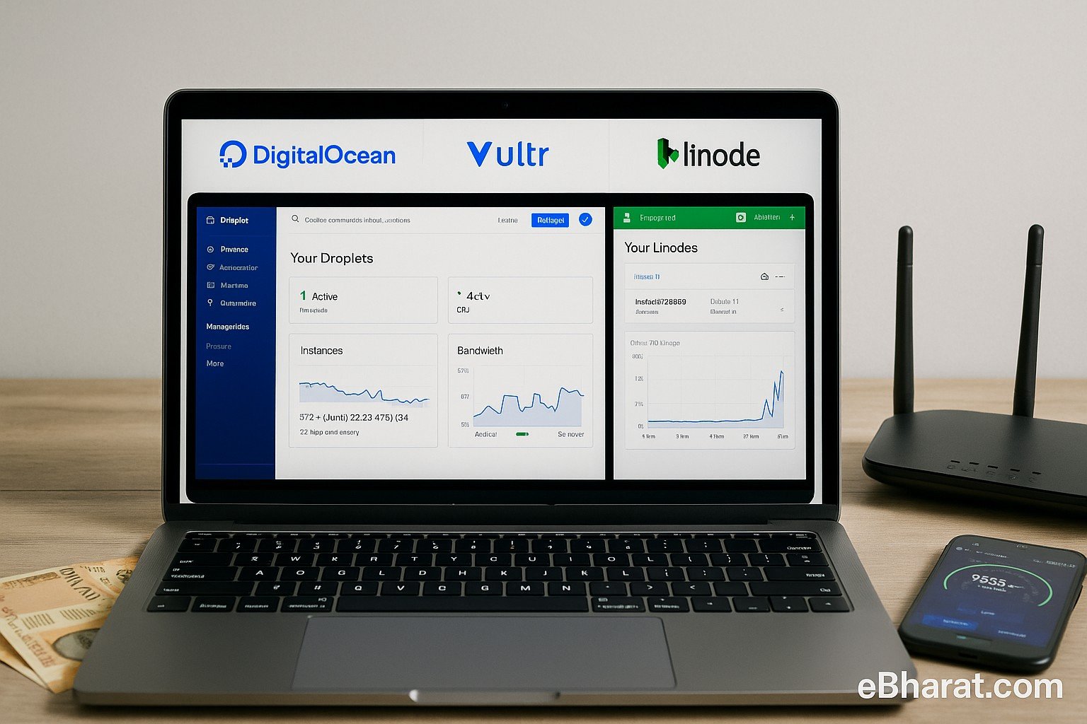 A realistic office desk with a laptop showing side-by-side dashboards of DigitalOcean, Vultr, and Linode for server monitoring. On the desk are Indian rupee notes, a Wi-Fi router, and a smartphone running an internet speed test. eBharat.com watermark is visible at the bottom-right.