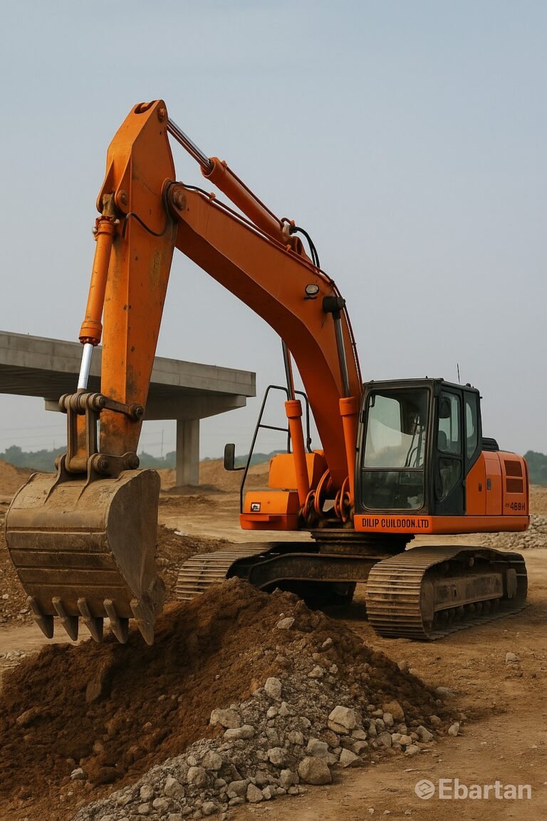 Excavator at a highway construction site with flyover pillars in the background, representing Dilip Buildcon’s infrastructure contract win.