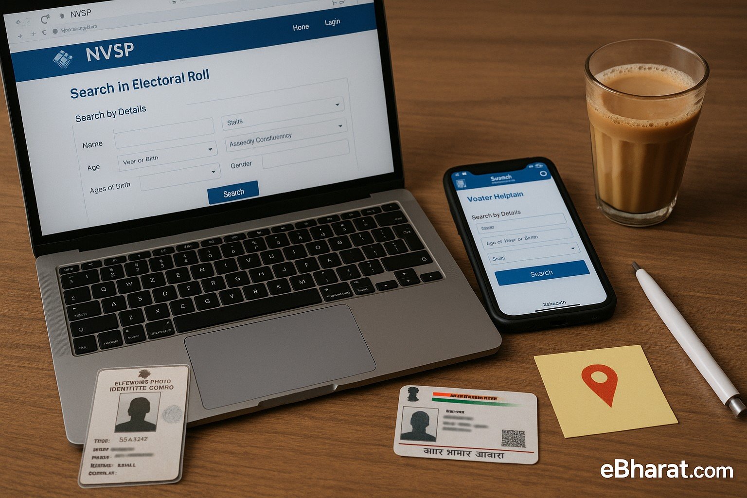 Laptop with NVSP search, phone showing Voter Helpline app, voter ID and Aadhaar cards, map-pin sticky and chai; eBharat.com watermark.