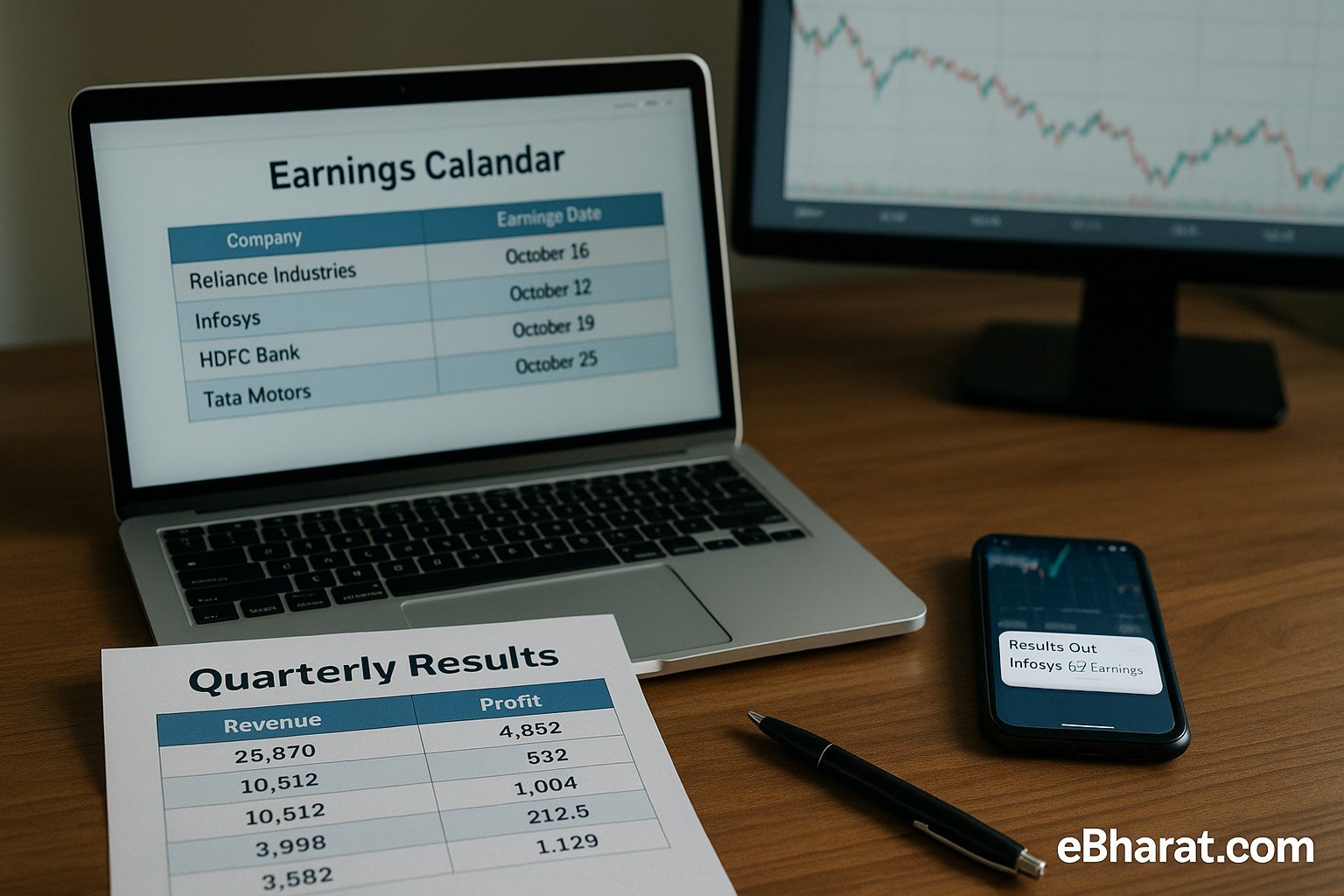 Laptop showing earnings calendar, printed quarterly results sheet, and smartphone with company results notification on an investor’s desk.
