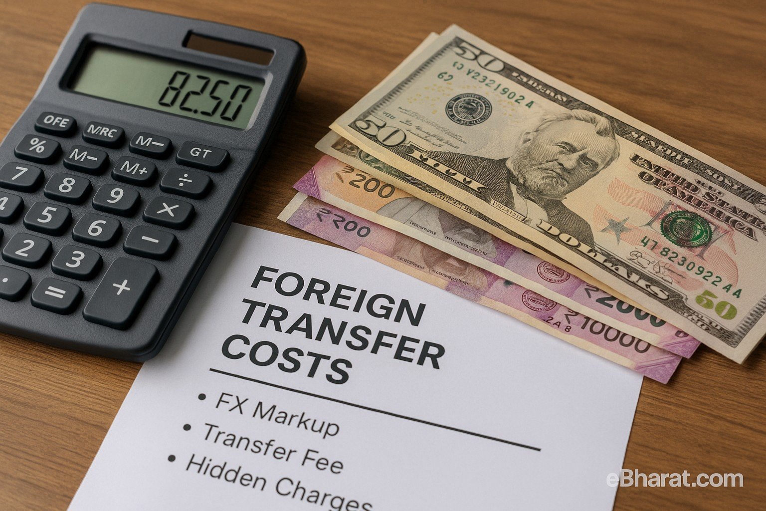 Desk with international money transfer forms, Indian rupee notes, US dollar bills, calculator, and laptop showing currency exchange rate chart — concept of FX markups and hidden transfer costs.
