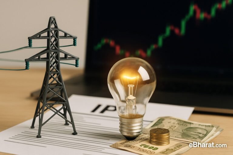 Editorial photo with miniature electric transmission tower, glowing light bulb, rupee notes, coins, and IPO application papers, symbolizing GK Energy’s IPO listing at 12% premium.