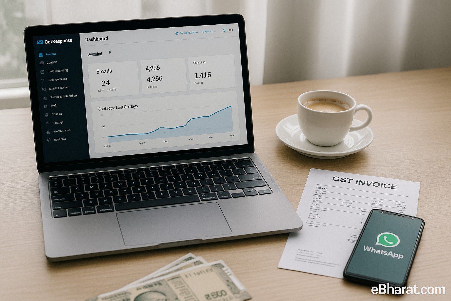 A modern Indian office desk with a laptop showing the GetResponse dashboard and campaign analytics. On the desk are GST invoice papers, a cup of chai, and a smartphone displaying a WhatsApp notification. The image includes an eBharat.com watermark at the bottom-right.