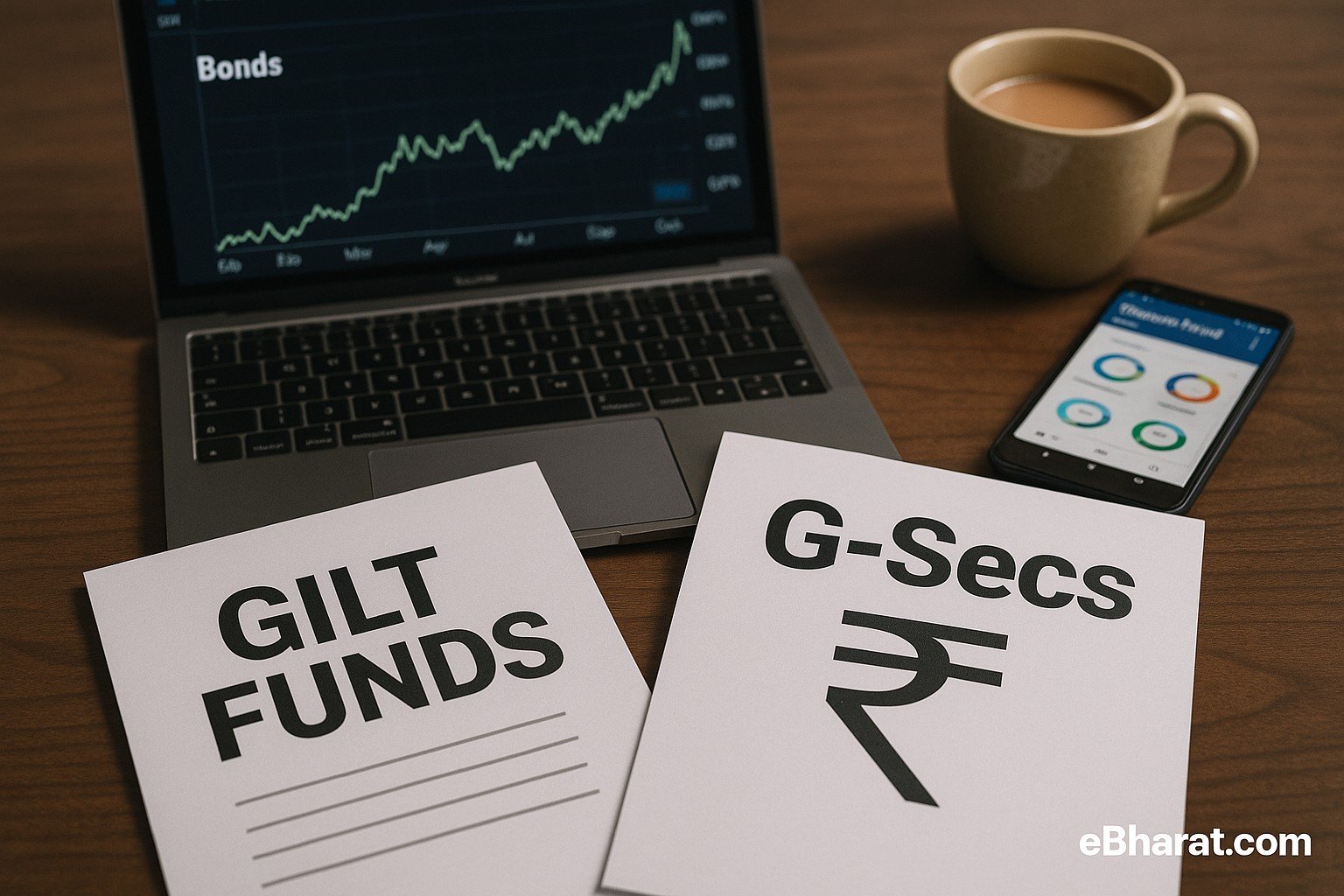 Two-column infographic comparing Gilt Funds and Direct G-Secs: Gilt Funds pros—professional management, diversification, SIP-friendly; quick redemption. Cons—expense ratio, NAV volatility. Direct G-Secs pros—no fund expense, lock-in YTM, predictable cash flows; cons—DIY selection, variable liquidity, coupons taxed at slab — eBharat.com watermark