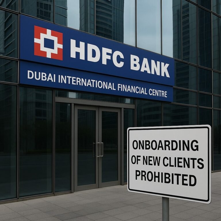 HDFC Bank DIFC branch in Dubai with regulatory restriction sign outside.