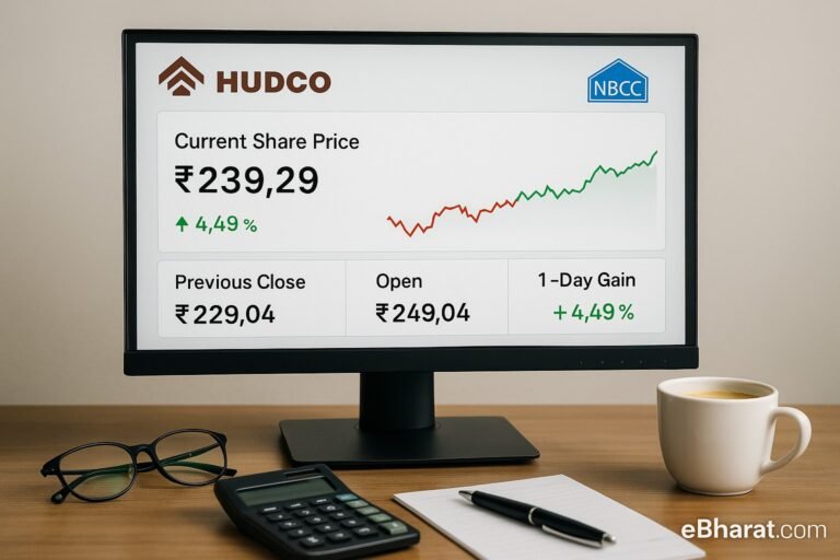 A computer monitor on an office desk showing HUDCO stock data with a line chart, calculator, pen, spectacles, and chai cup, symbolizing stock market analysis.