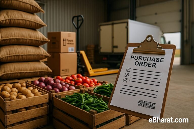 Warehouse scene with crates of potatoes, onions, tomatoes and green chillies, a clipboard marked ‘Purchase Order’, and eBharat.com watermark.