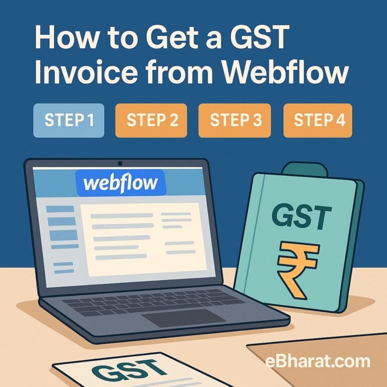 Laptop displaying Webflow dashboard with GST folder and rupee symbol on desk, professional illustration for Webflow GST invoice guide. Watermark eBharat.com.