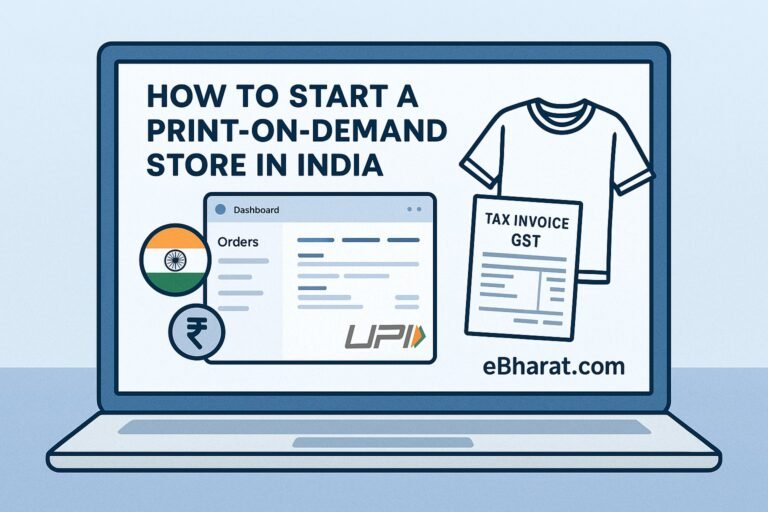 Illustration of a laptop showing a Print-on-Demand dashboard with Indian GST invoice, UPI payment icon, and T-shirt graphic, symbolizing POD business in India 2025.