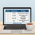 Infographic on a laptop screen showing step-by-step warm-up schedule for a new email domain in India with chai cup on desk — eBharat.com watermark