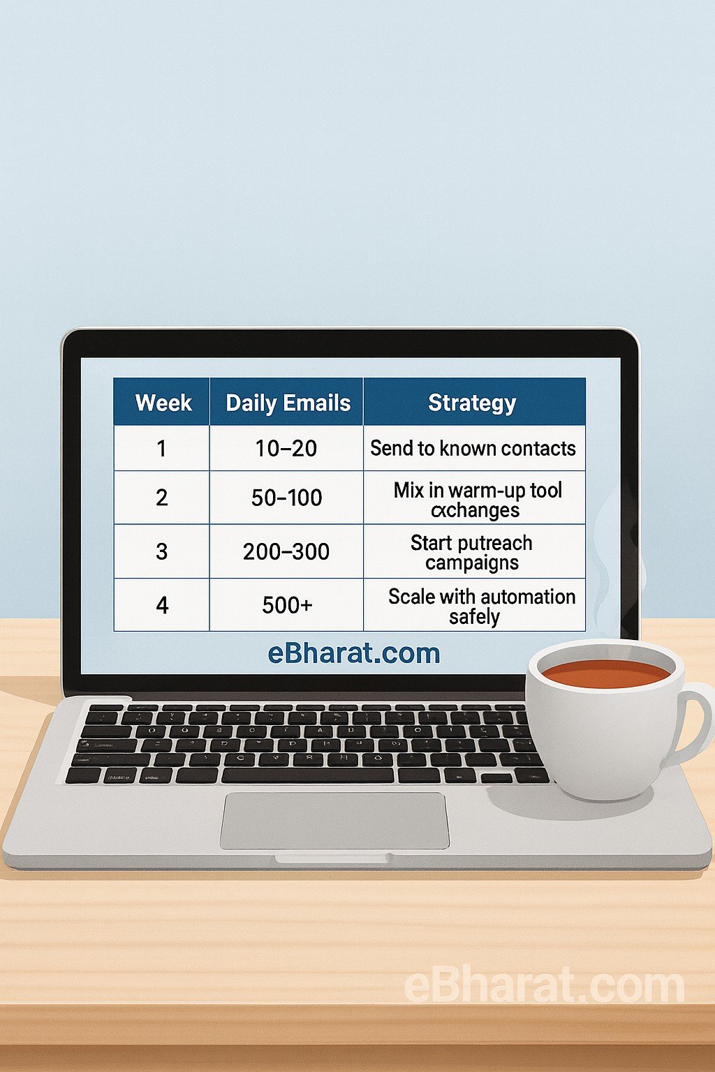 Infographic on a laptop screen showing step-by-step warm-up schedule for a new email domain in India with chai cup on desk — eBharat.com watermark