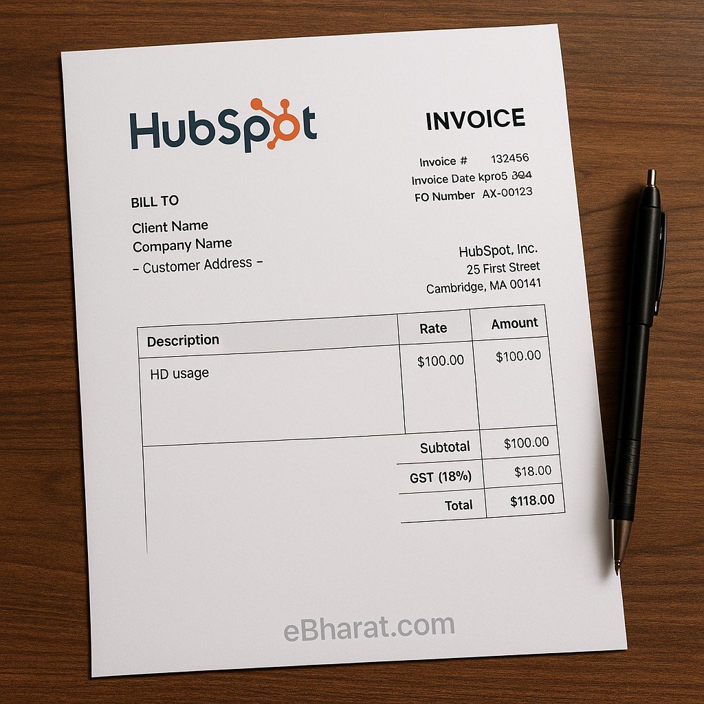 Printed HubSpot invoice with GST breakdown placed on a wooden desk alongside a black pen — eBharat.com watermark