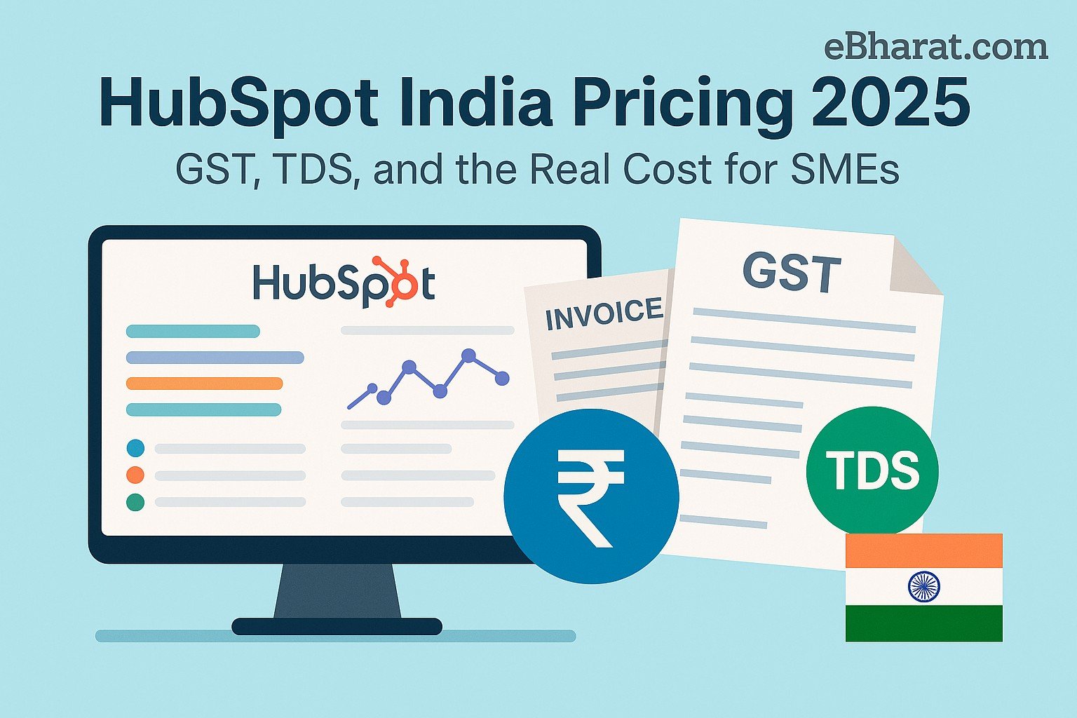 Illustration showing HubSpot CRM dashboard with Indian GST and TDS invoices, rupee icon, and India flag, highlighting HubSpot India pricing 2025.