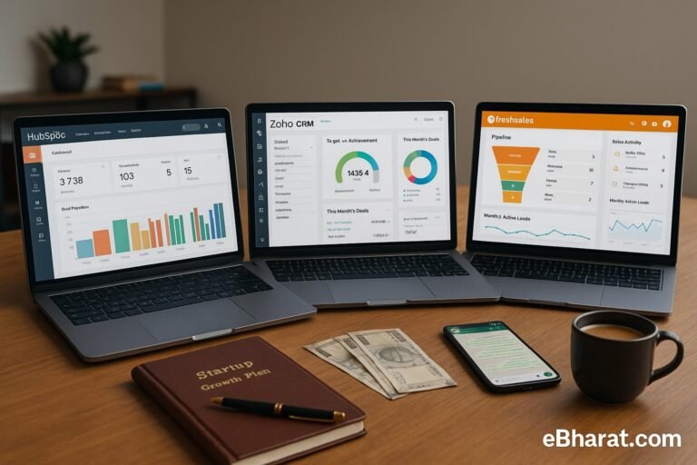 A realistic office desk with three laptops displaying dashboards of HubSpot, Zoho CRM, and Freshsales. On the desk are a diary titled ‘Startup Growth Plan,’ Indian rupee notes, a smartphone with WhatsApp open, and a coffee mug. eBharat.com watermark is visible at the bottom-right.