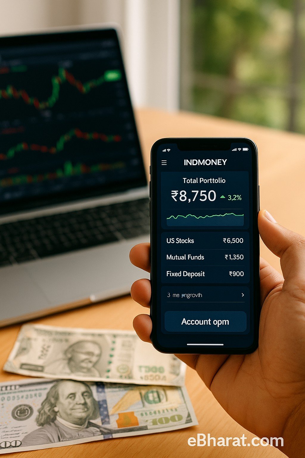 A realistic Indian workspace with a smartphone displaying the INDmoney app portfolio tracking screen, a laptop showing US stock charts of Apple, Tesla, and Amazon, and Indian rupee plus US dollar notes on the desk. eBharat.com watermark is visible at the bottom-right.