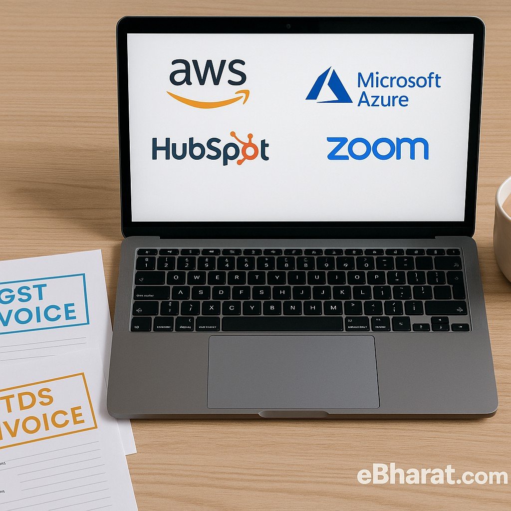 Indian CFO’s desk with laptop showing cloud provider logos (AWS, Google Cloud, HubSpot, Zoom), GST invoice file, TDS compliance document, calculator, smartphone with INR payment success, and a cup of chai — eBharat.com watermark