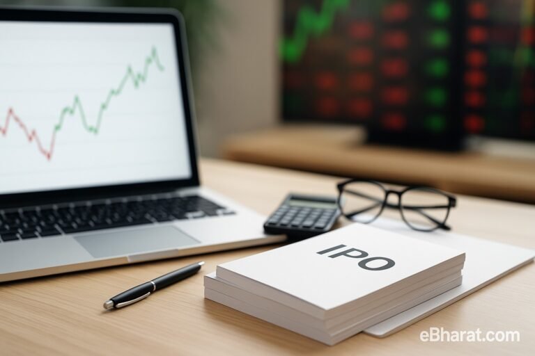 A professional office desk with a laptop showing a simple green and red line graph, a stack of booklets, calculator, pen, and glasses, symbolizing India’s IPO market activity.