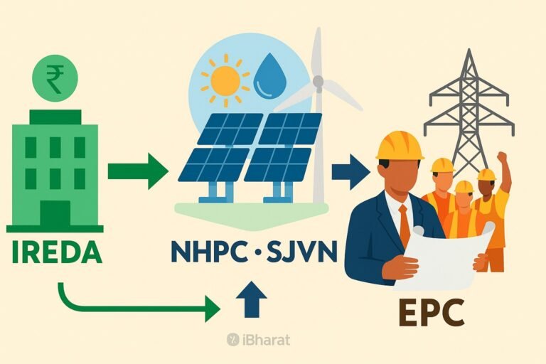 Editorial scene with generic loan papers and a glowing bulb in foreground, miniature hydro dam and solar panel models in middle, rupee coins and blurred project screen in background—symbolizing IREDA funding flowing to NHPC/SJVN projects and EPC orders.