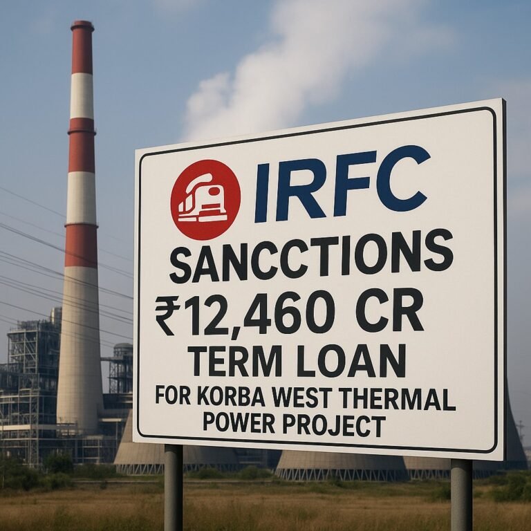 IRFC loan announcement board with Korba West thermal power plant in background.