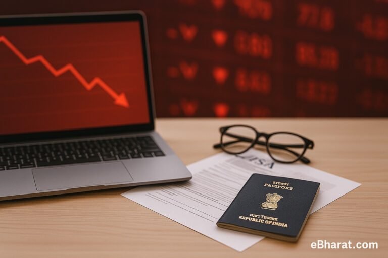 A desk with a laptop showing a red downward stock chart, an Indian passport, blurred visa papers, and glasses, symbolizing the impact of US H-1B fee hike on Indian IT stocks.