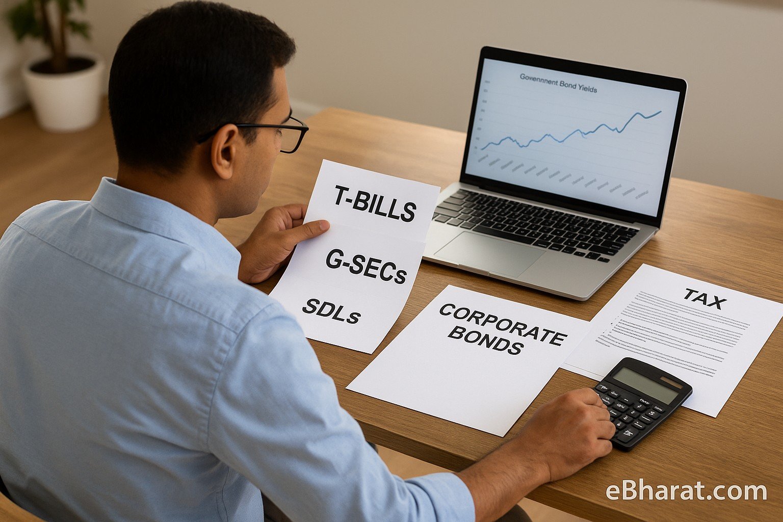 Indian investor analyzing T-Bills, G-Secs, SDLs, and corporate bonds with yield charts and tax documents.