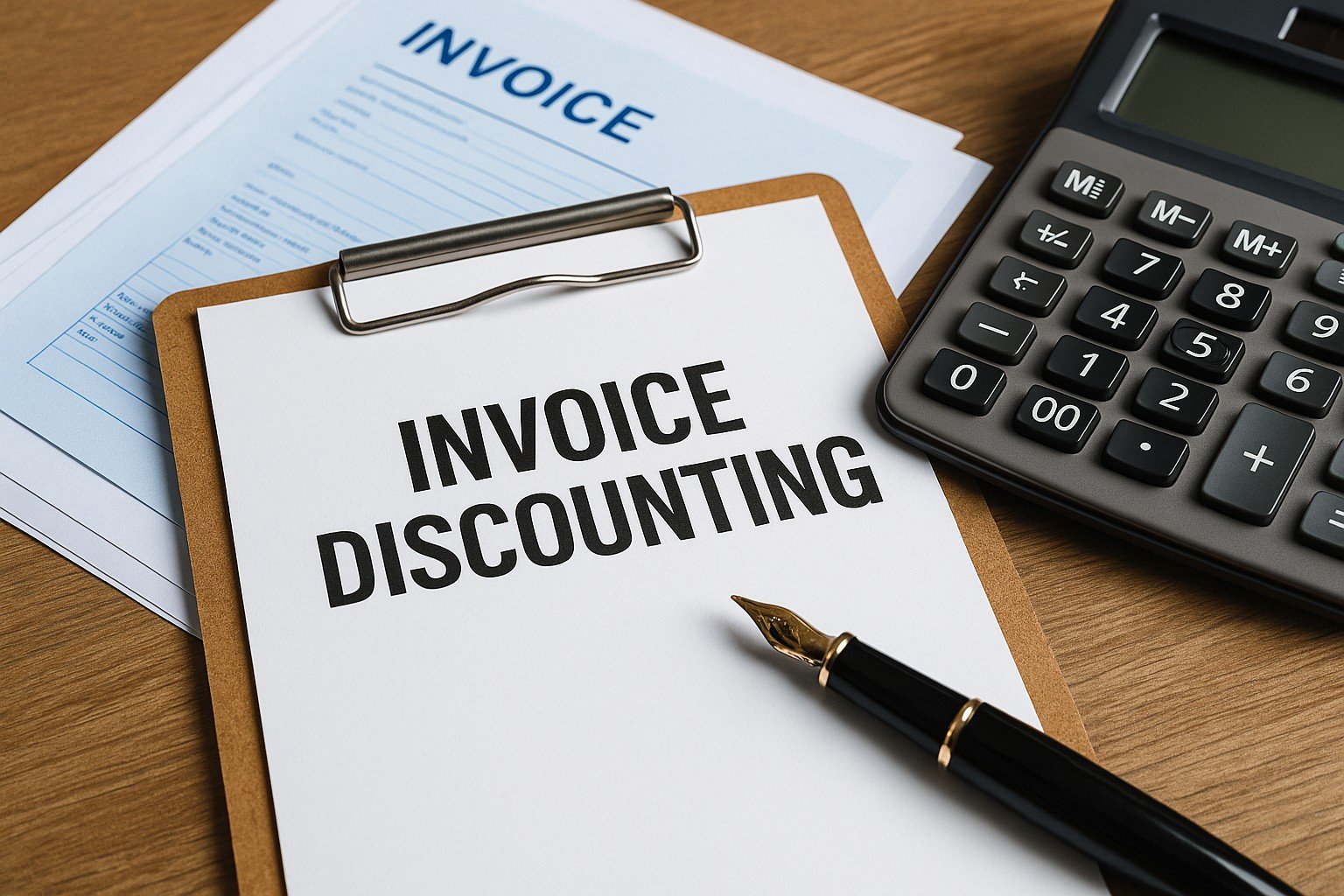 Unpaid invoices, calculator, and a laptop showing a cash flow chart on an office desk — concept of invoice discounting and working capital financing.