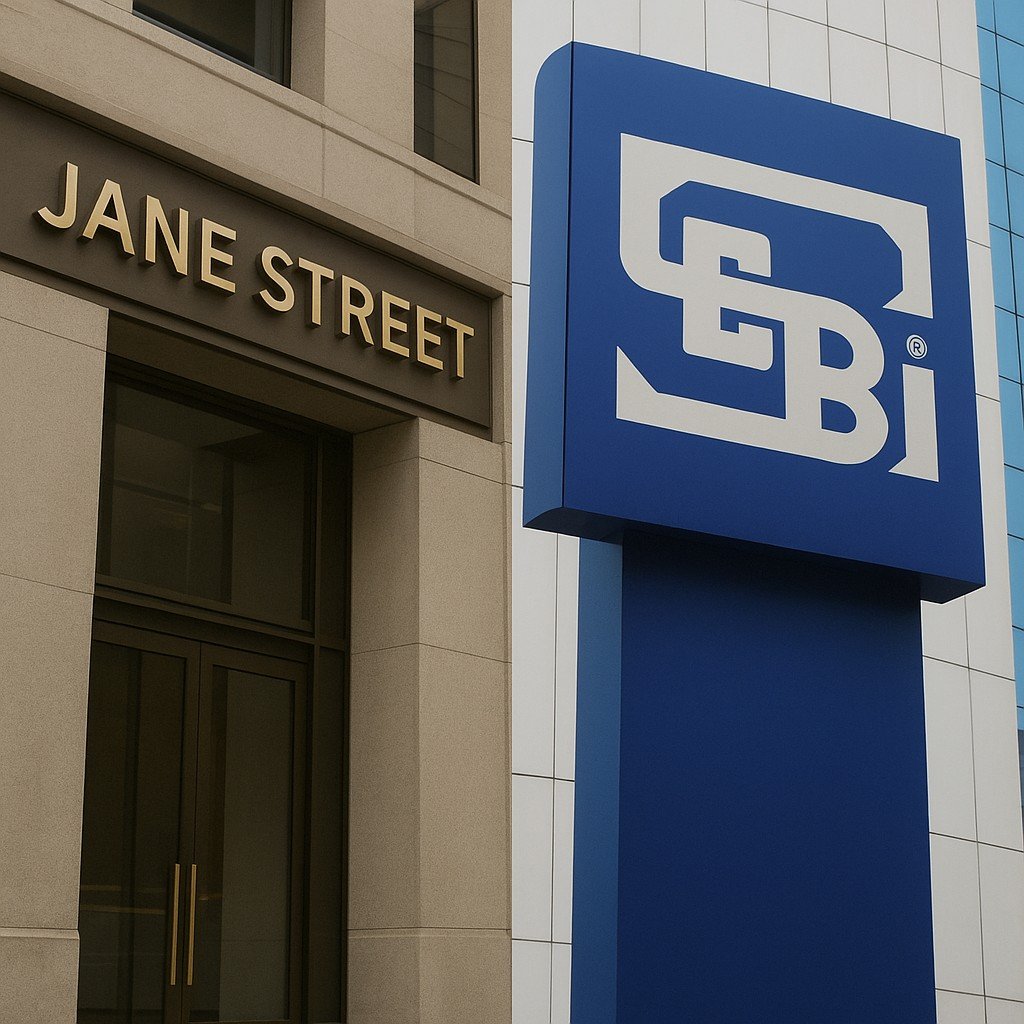 Editorial image showing Jane Street building alongside SEBI headquarters logo, symbolizing the legal clash between the global trading firm and India’s market regulator.