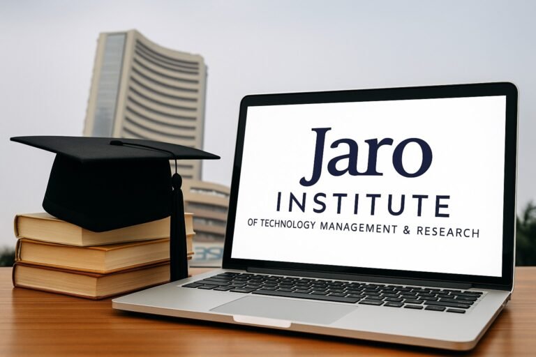 Academic desk with laptop, graduation cap, and books in focus, with a faint silhouette of the BSE building in the background, symbolizing Jaro Institute’s listing under the B group.