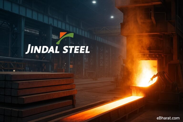 Interior of a steel plant with molten steel pouring from a furnace and stacked steel beams, representing Jindal Steel’s new BOF at Angul increasing crude steel capacity to 9 MTPA.