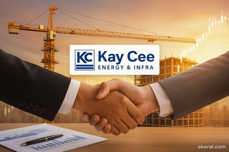 Kay Cee Energy & Infra logo with cranes and an electrical substation backdrop, symbolizing new work order win for a 132 kV switchyard project.