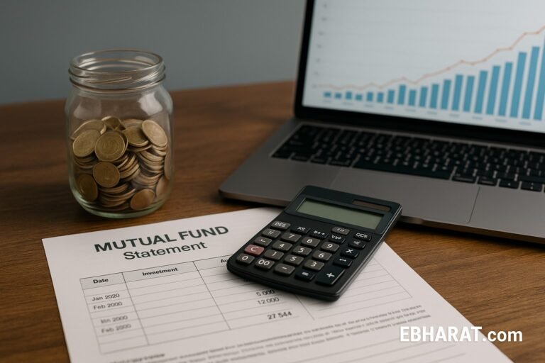 Desk with jar of coins, mutual fund statement, calculator, and laptop showing compounding growth chart — concept of lumpsum return calculator and investment planning.