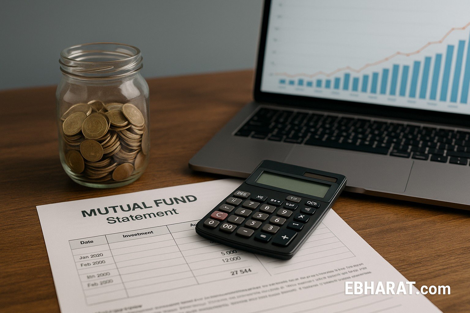 Desk with jar of coins, mutual fund statement, calculator, and laptop showing compounding growth chart — concept of lumpsum return calculator and investment planning.