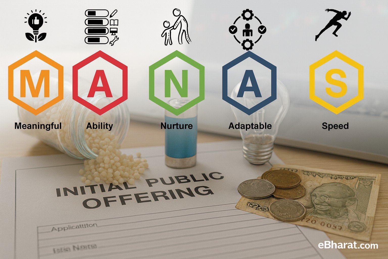 Editorial composite photo showing polymer pellets, light bulb, rupee notes, and IPO papers with subtle hexagon brand pattern, symbolizing Manas Polymers & Energies SME IPO launch.