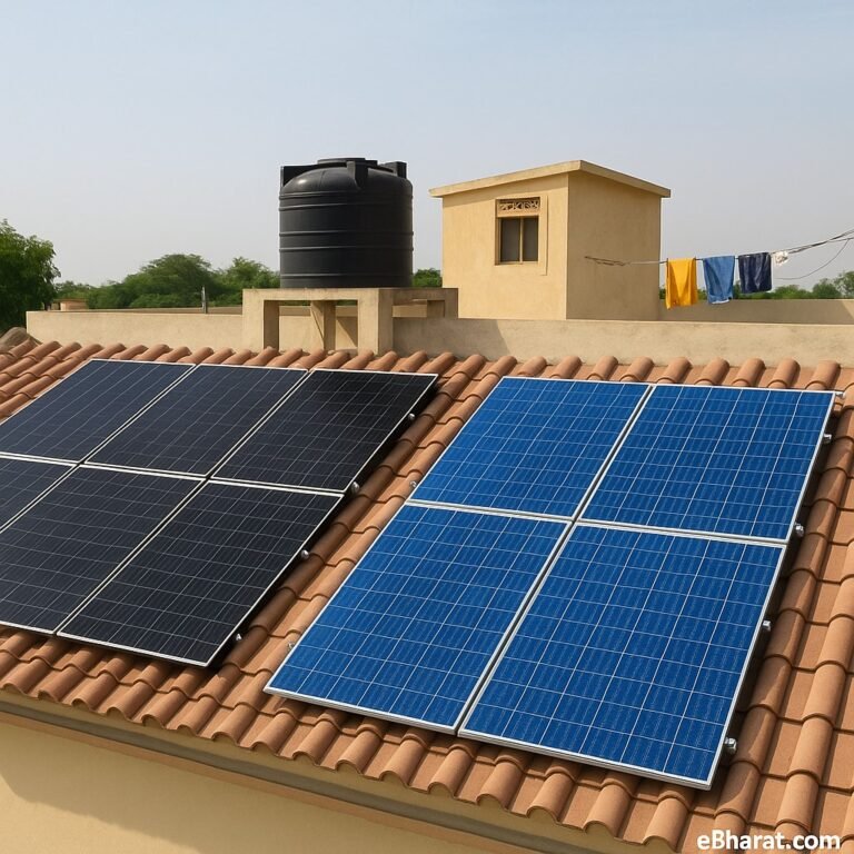 Split rooftop showing monocrystalline (black) vs polycrystalline (blue) solar panels on an Indian house.