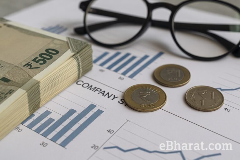 Realistic view of Indian Rupee notes placed near a stock market trading screen, symbolizing retail trading activity in penny stocks. Watermark “eBharat.com” is visible at the bottom.