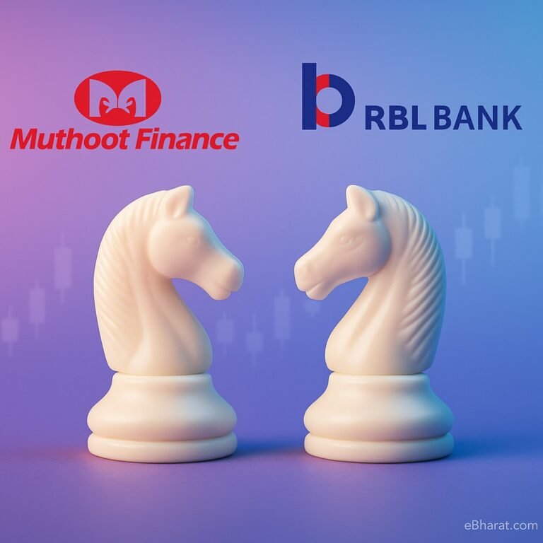 Dual stock snapshot card showing Muthoot Finance trading at ₹3,032.70 (+0.41%) and RBL Bank at ₹277.85 (+2.02%) on 29 Sep 2025, with intraday ranges, market cap, P/E ratios, and 52-week highs/lows displayed side by side.