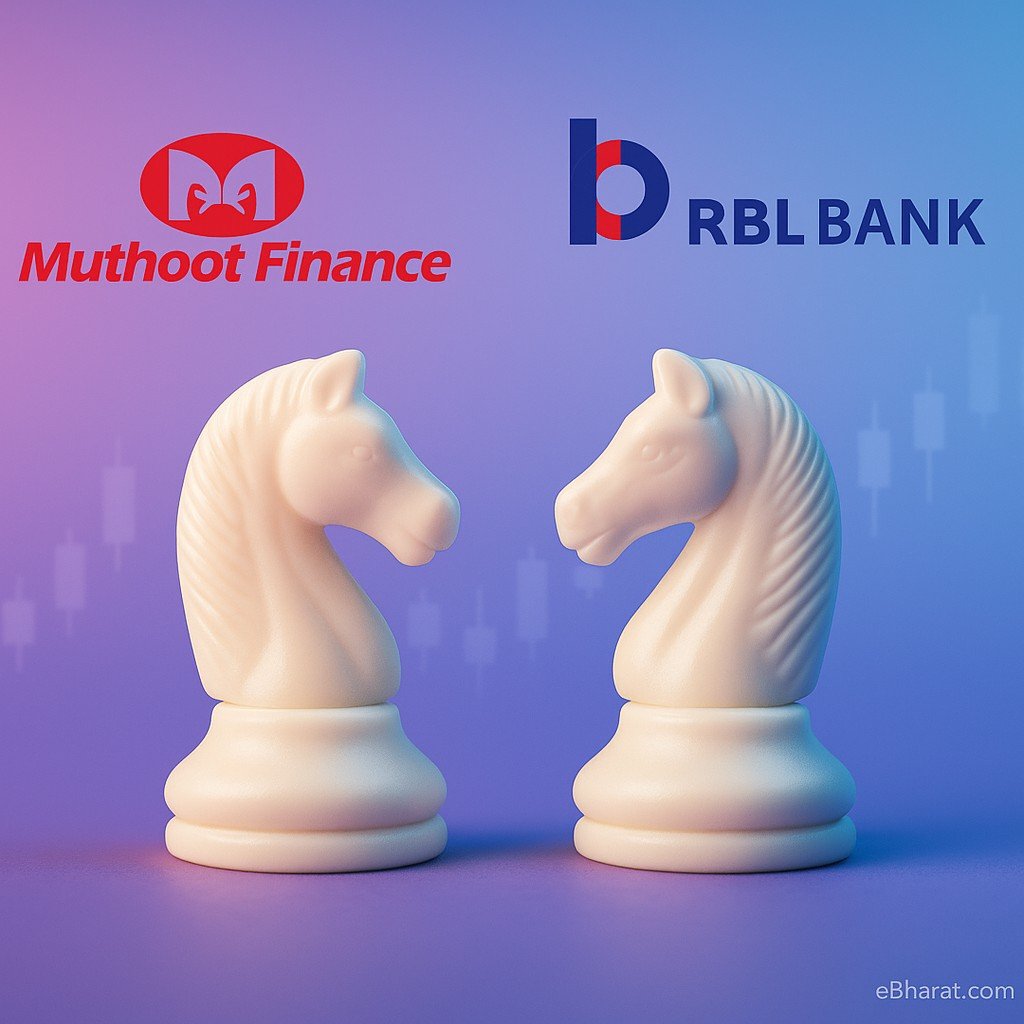 Dual stock snapshot card showing Muthoot Finance trading at ₹3,032.70 (+0.41%) and RBL Bank at ₹277.85 (+2.02%) on 29 Sep 2025, with intraday ranges, market cap, P/E ratios, and 52-week highs/lows displayed side by side.
