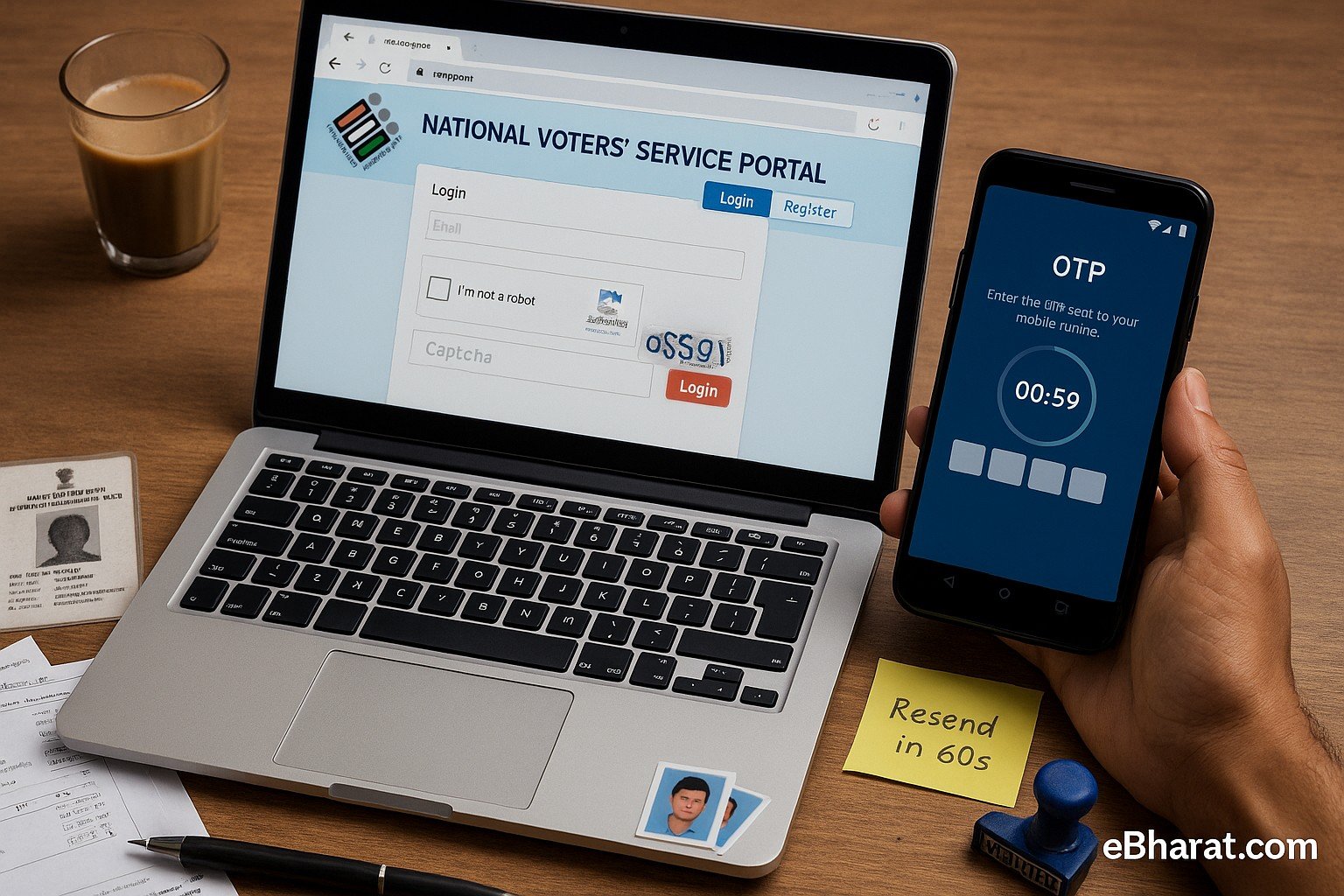 Laptop पर NVSP लॉगिन व कैप्चा, फोन पर OTP काउंटडाउन; साथ में Aadhaar, Voter ID, यूटिलिटी बिल, पासपोर्ट फोटो और चाय—eBharat.com वॉटरमार्क।