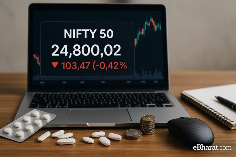 Editorial photo with laptop screen showing stock chart, blister packs of pills, computer mouse, rupee coins, and trading diary — symbolizing IT and pharma dragging Nifty 50 near 24,800.