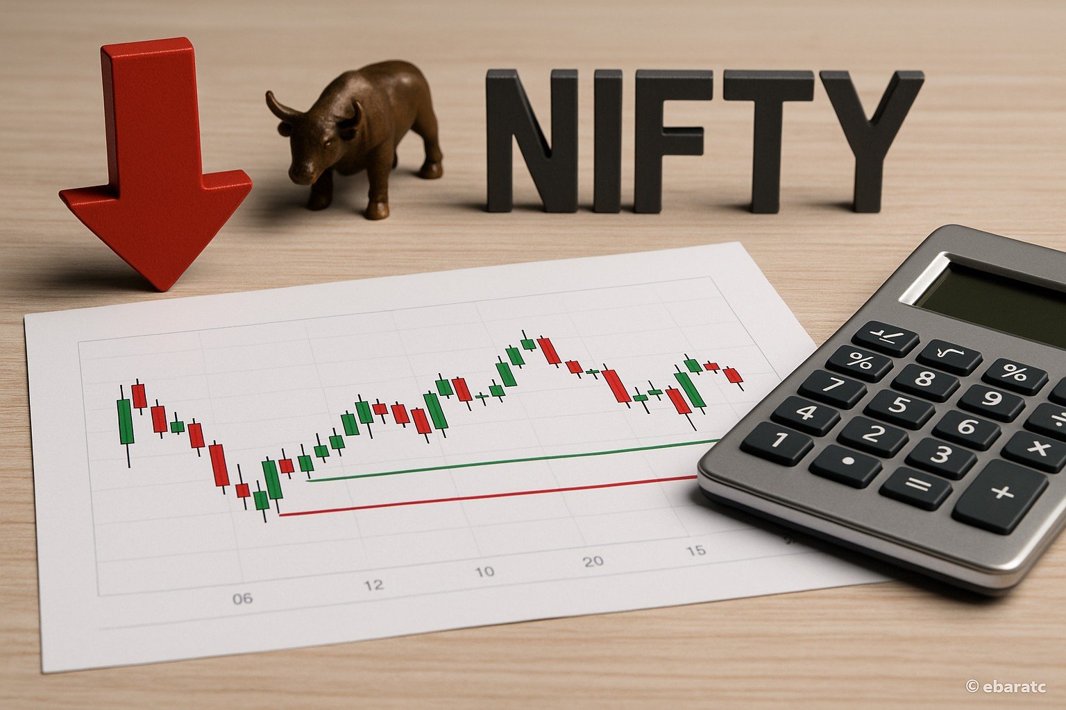 Stock market desk with Nifty candlestick chart, calculator, and bull figurine symbolizing resistance and support levels in Indian markets.